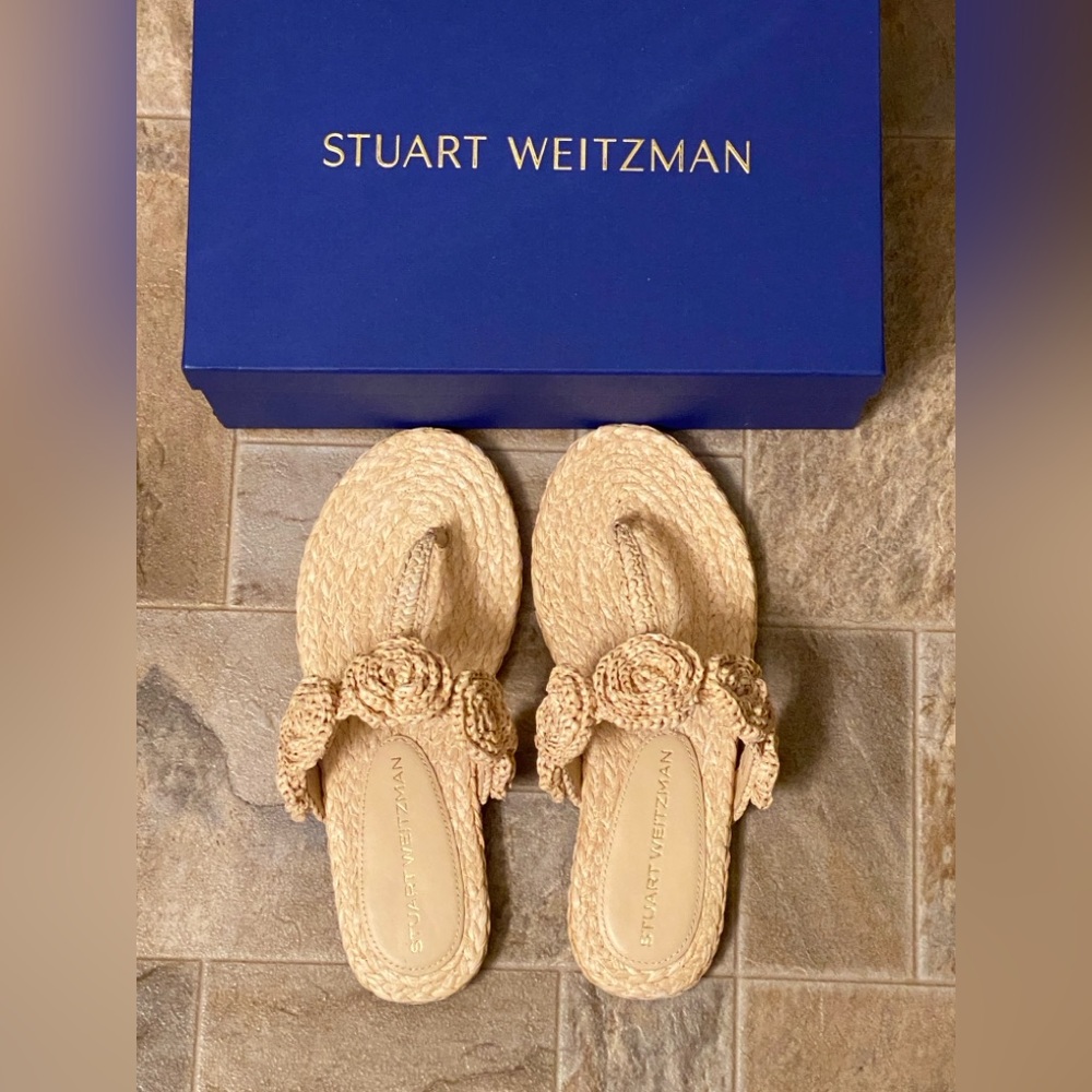 Stuart Weitzman Magnolia T-Strap Woven Rafia Sandal